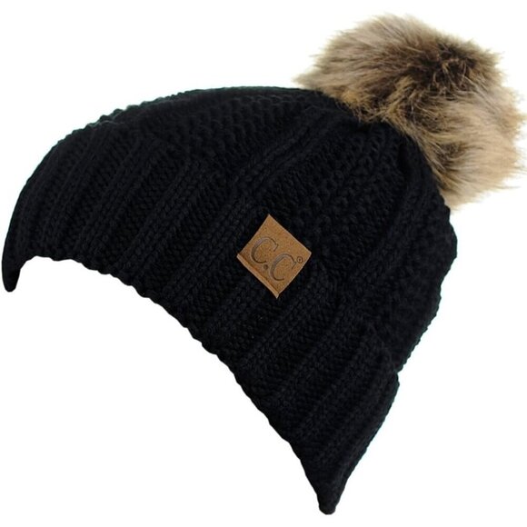 ✨ C.C  Faux Fuzzy Fur Women Black Thick Cable Knit Pom Fleece Cuff Beanie Cap - Picture 3 of 4
